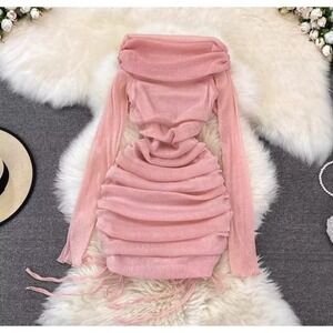 Ruched Bodycon Dress Off Shoulder Long Sleeve Party Cocktail‎ Pink Small size